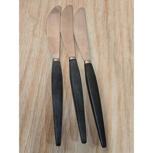 3 Ekco Eterna CANOE MUFFIN Stainless Mid Century Modern Dinner Knives BLACK  9"